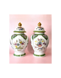 Pair of Vintage Porcelain Green and Pink Ginger Jars with Lids