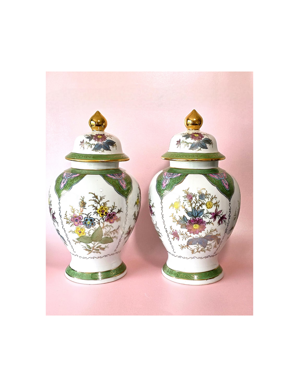 Pair of Vintage Porcelain Green and Pink Ginger Jars with Lids